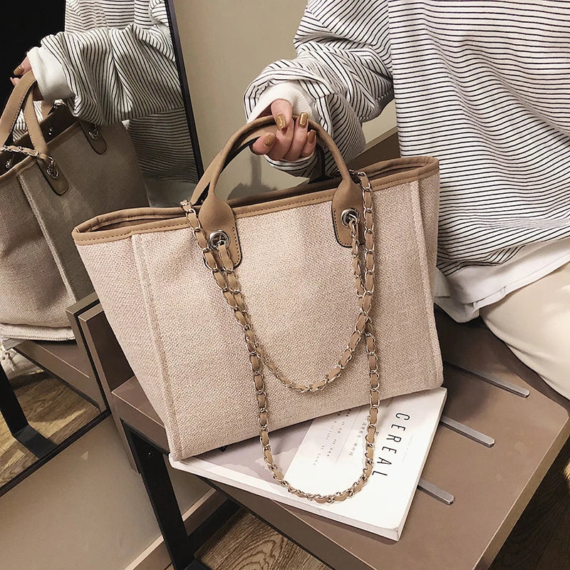 Women Tote Bags Fashion Canvas Large Capacity Handbag Casual Chains Shoulder Bags Ladies Big Messenger Bag Shopping Bag