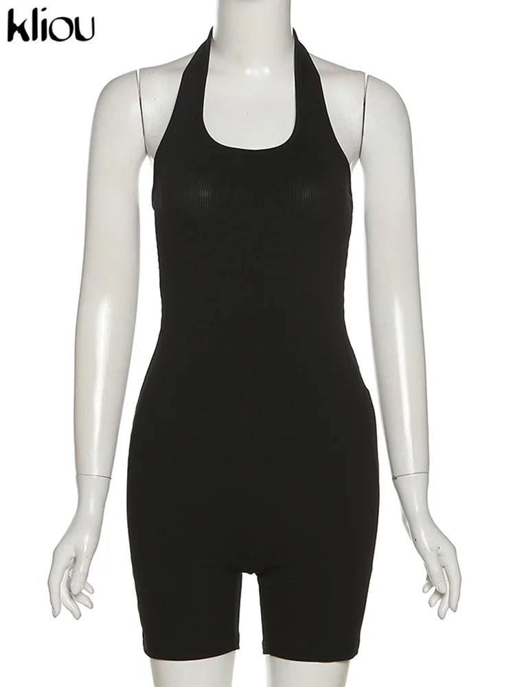 Kliou Striped Sporty Workout Halter Rompers Women Casual Active Wear Backless Sleeveless Playsuit Athleisure Biker Playsuits