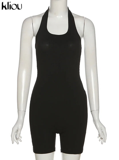 Kliou Striped Sporty Workout Halter Rompers Women Casual Active Wear Backless Sleeveless Playsuit Athleisure Biker Playsuits
