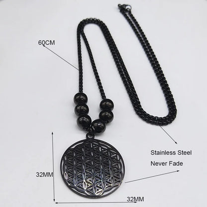 2023 Flower of Life Stainless Steel Mandala Metatron Necklaces Sacred Geometry Long Black Bead Necklace Jewerly flor de la vida