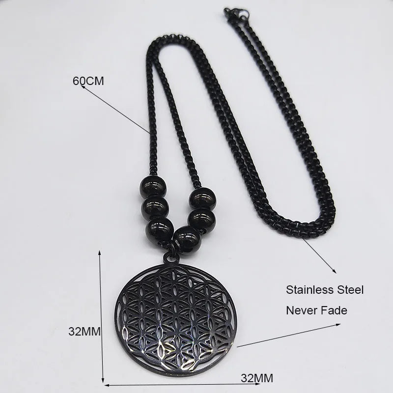 2024 Flower of Life Stainless Steel Mandala Metatron Necklaces Sacred Geometry Long Black Bead Necklace Jewerly flor de la vida