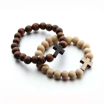 SOMESOOR Natural Wooden Cross Pendant Necklace Bracelet Round Beads Rosary Religious Accessories Jewelry For Men Women Gifts