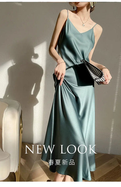 Vintage Satin Women's Dress Summer Sexy Spaghetti Strap Long Party Maxi Dresses Midi Robe Female Clothing