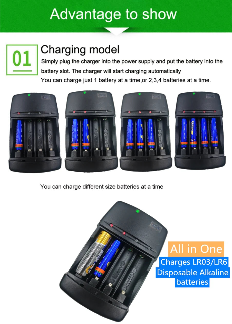 4 way Ecological Charger  with USB input port for  LR03 LR6 disposable Batteries and AA AAA Rechargeable alkaline Batteries