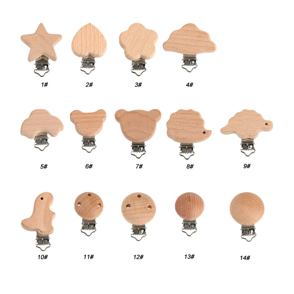 Kovict 5Pcs 19 Styles Beech Wooden Clips Metal Bracket DIY Pacifier Chain Handmade Crafts Accessories