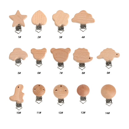 Kovict 5Pcs 19 Styles Beech Wooden Clips Metal Bracket DIY Pacifier Chain Handmade Crafts Accessories