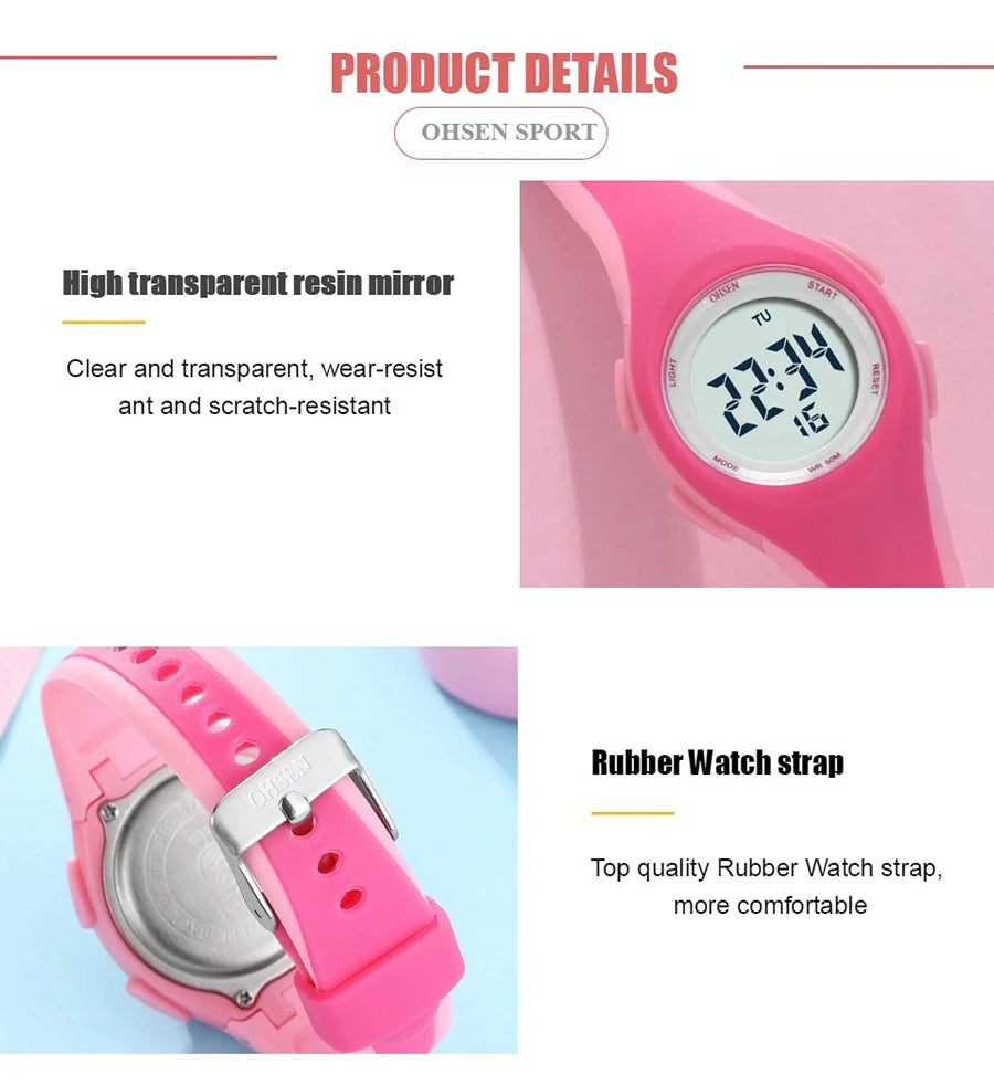 OHSEN Kids Digital Sport Watches 50M Waterproof Electronic Wristwatch Stop Watch LED Clock Children Watch For Boys Girls