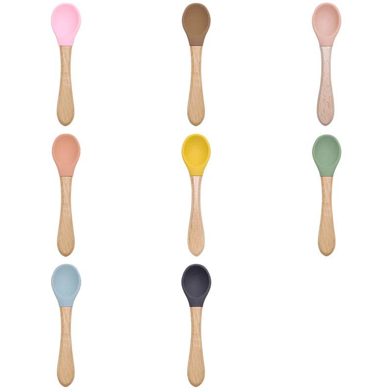 Feeding Wooden Handle Silicone Spoon For Baby Utensils Eat Soild Food Kids Training Manipulative Ability Children's Tableware