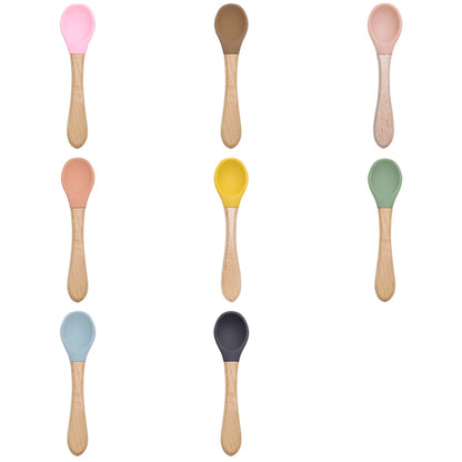 Feeding Wooden Handle Silicone Spoon For Baby Utensils Eat Soild Food Kids Training Manipulative Ability Children's Tableware
