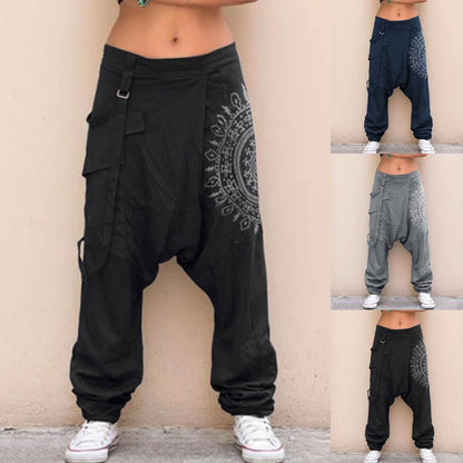 Mens Trousers Hip-hop Casual Low Rise Drop Crotch Retro Print Saggy Baggy Trousers Loose Harem Pants Elastic Streetwear