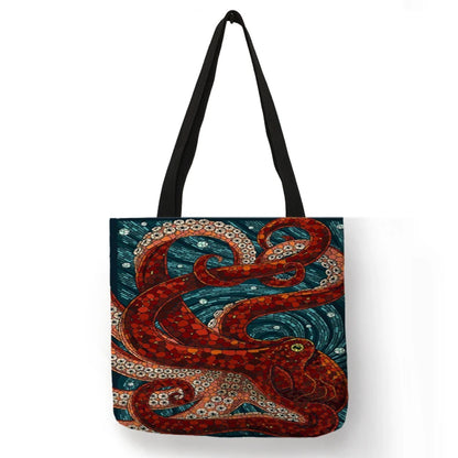 Casual Leisure Totes Bag Women Handbag Marine Animal Sea Turtle Horse Octopus Print Travel Shopping Shoulder Bags for Groceries