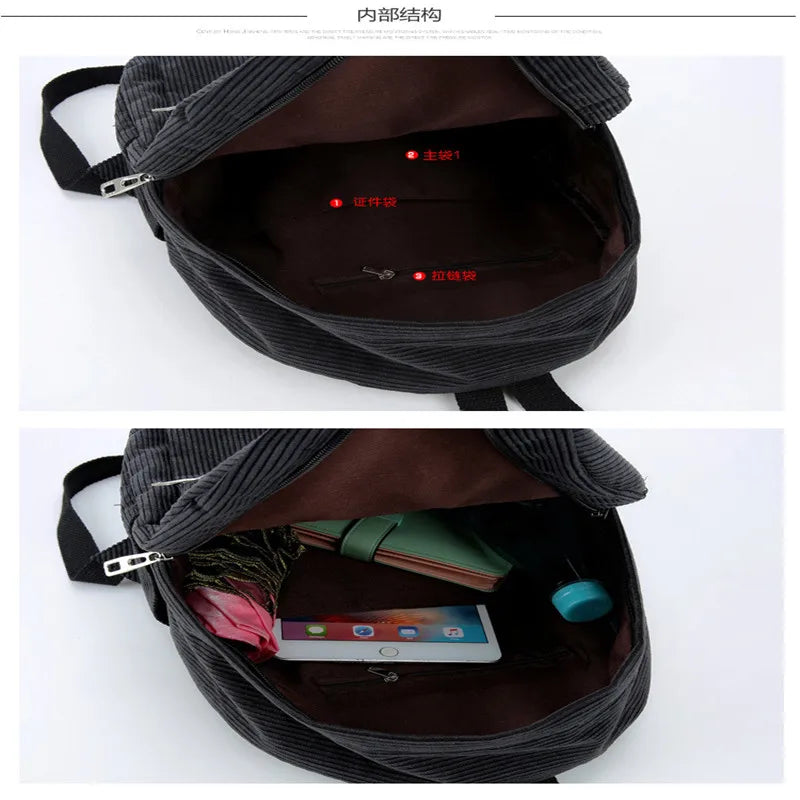 Personalized Corduroy Black Navy Khaki Gary Student Backpack Embroidered Custom Large Capacity Schoolbag for Student and Adult