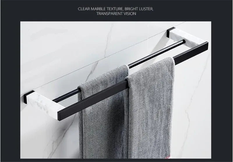 Bathroom Accessories Set Black Bathroom Shelf,Towel Rack,Towel Hanger Paper holder,Toilet Brush Holder Marble & Brass