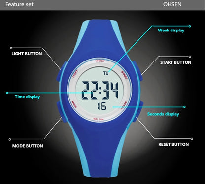 OHSEN Kids Digital Sport Watches 50M Waterproof Electronic Wristwatch Stop Watch LED Clock Children Watch For Boys Girls