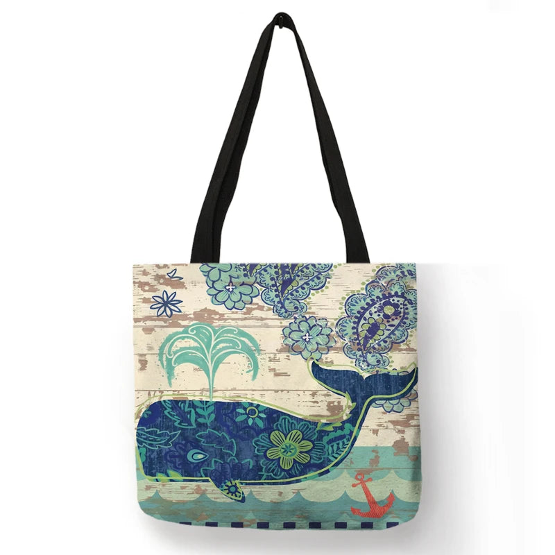 Casual Leisure Totes Bag Women Handbag Marine Animal Sea Turtle Horse Octopus Print Travel Shopping Shoulder Bags for Groceries