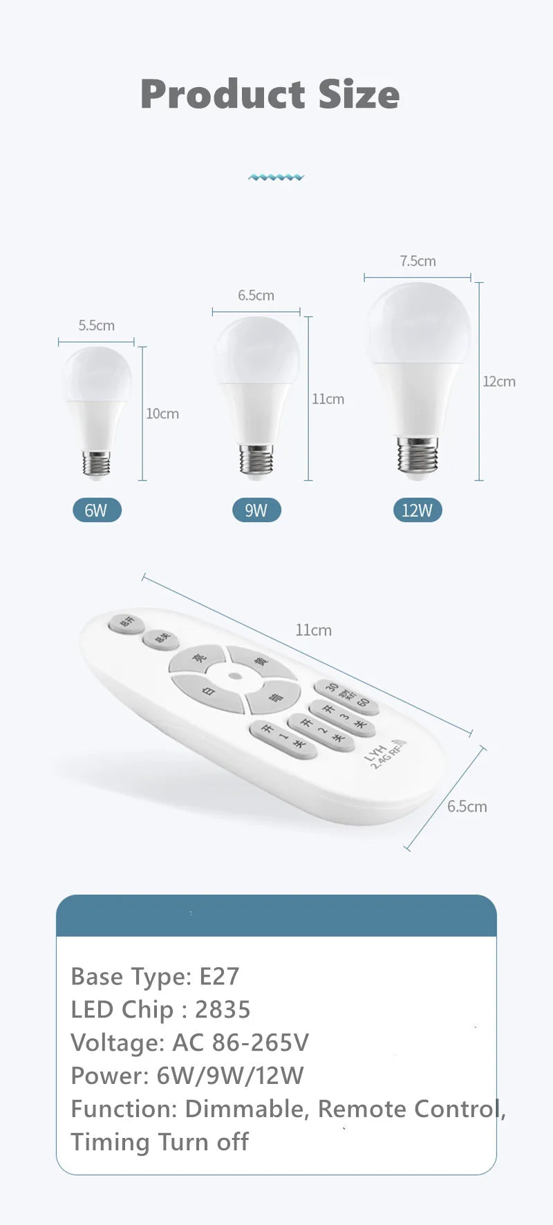 Smart LED Bulb E27 6W 9W 12W RF 2.4G Wireless Remote Control Night Light Timing Turn off Warm Cold Light Dimmable Led Lamp Bulb