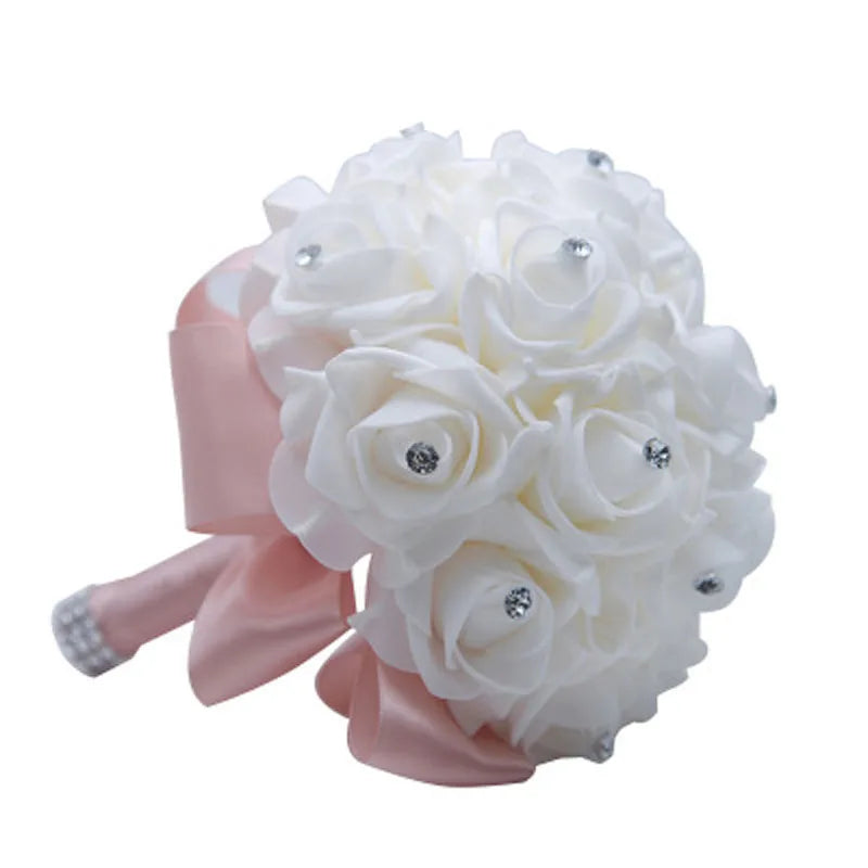 rosa flor Beautiful White Ivory Bridal Bridesmaid Flower Wedding Bouquet Artificial Flower Rose Bouquet Crystal Bridal Bouquets