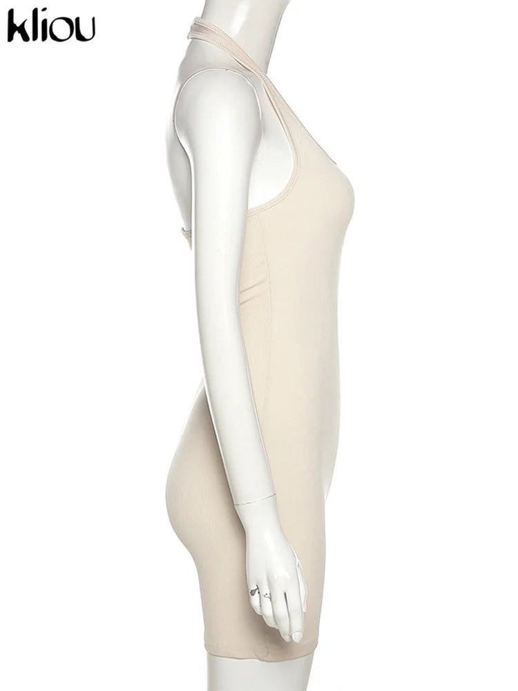 Kliou Striped Sporty Workout Halter Rompers Women Casual Active Wear Backless Sleeveless Playsuit Athleisure Biker Playsuits