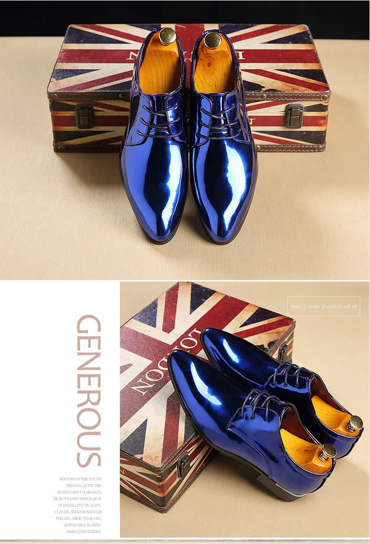 Patent Leather Men Wedding Shoes Gold Blue Red White Oxfords Shoes Designer Pointed Toe Dress Shoes Big Size 37-48