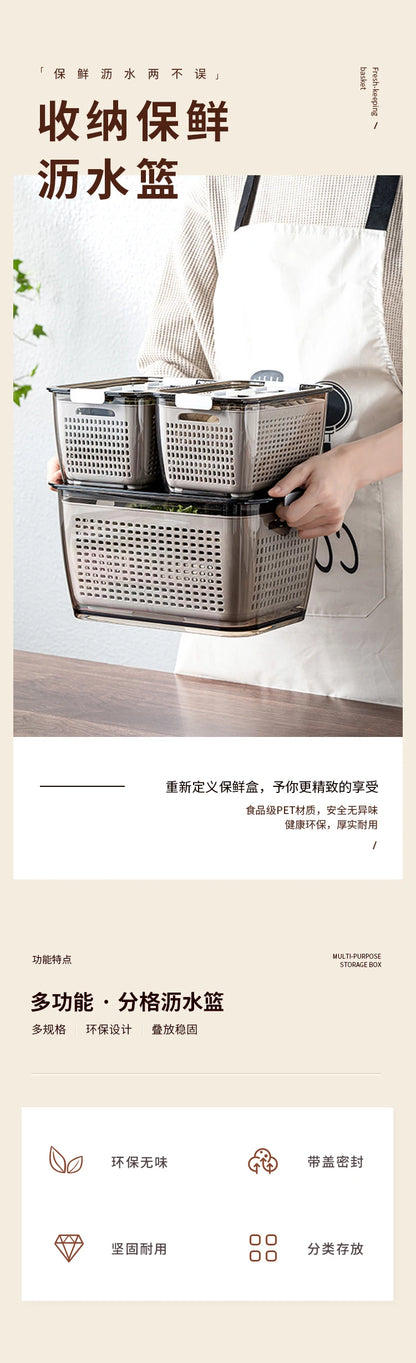 Fridge Storage Box Refrigerator Fresh Vegetable Fruit Boxes Drain Basket Storage Containers With Lid Kitchen Tools Organizer