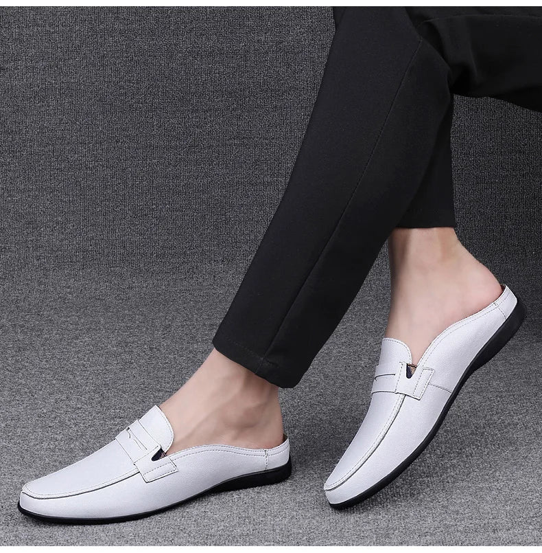 Quality Men Slippers Leather Men Mules Half Shoe Loafers Moccasins Outdoor Non-slip Black Beach Sandals Slides Zapato Hombre