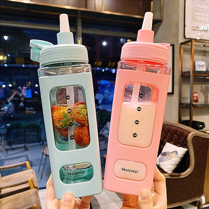 700ml Square Plastic Water Bottles Creative Summer Straw Bottle Outdoor Sport Shaker Travel Tea Juice Milk Portable Drink Bottle