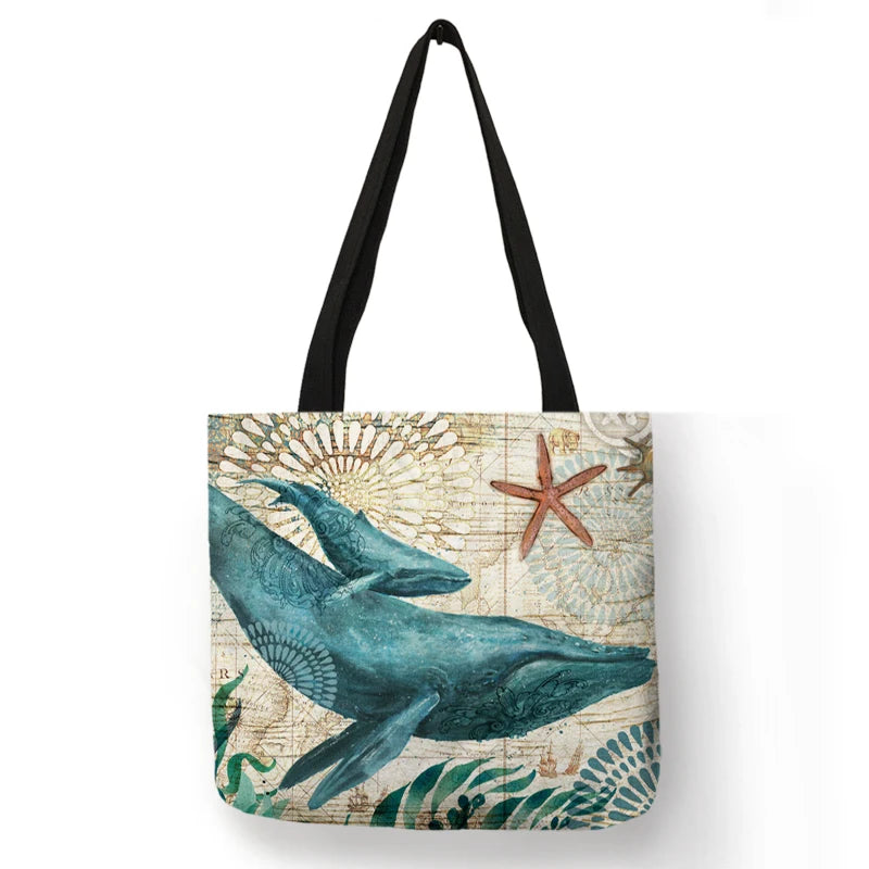 Casual Leisure Totes Bag Women Handbag Marine Animal Sea Turtle Horse Octopus Print Travel Shopping Shoulder Bags for Groceries