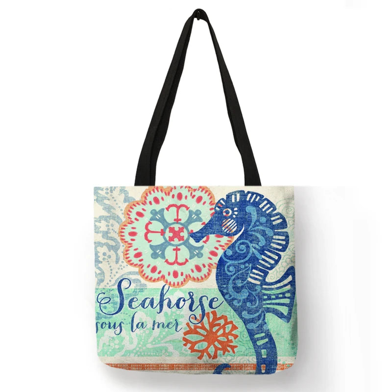 Casual Leisure Totes Bag Women Handbag Marine Animal Sea Turtle Horse Octopus Print Travel Shopping Shoulder Bags for Groceries