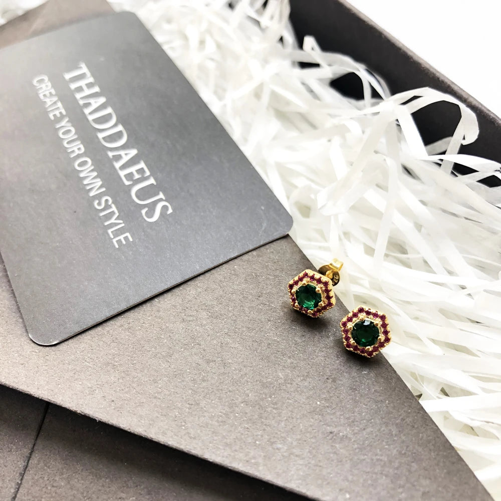 Studs Earrings Hexagon Green,Europe Yellow Gold Color Hand-set Jewelry For Women Playful Look Gift 925 Sterling Silver