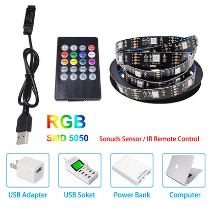 LED Strip Light 2835 5050 USB Bluetooth Flexible Lamp Tape 3key Sound Sensor RGB Ribbon 1M 2M 3M 4M DC5V Decoration TV BackLight