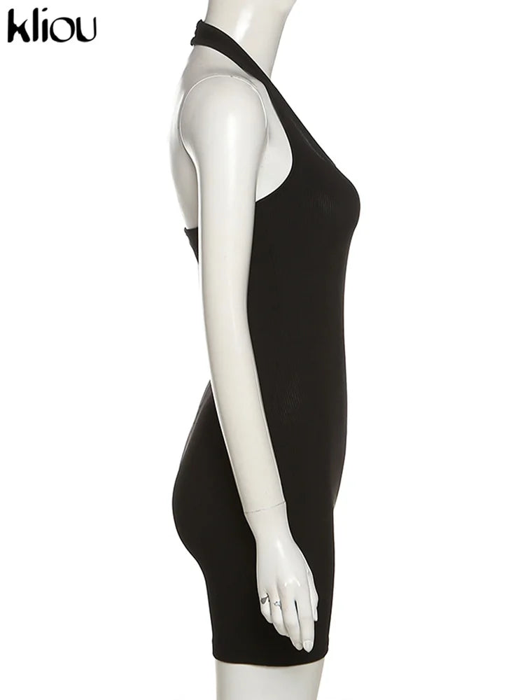 Kliou Striped Sporty Workout Halter Rompers Women Casual Active Wear Backless Sleeveless Playsuit Athleisure Biker Playsuits