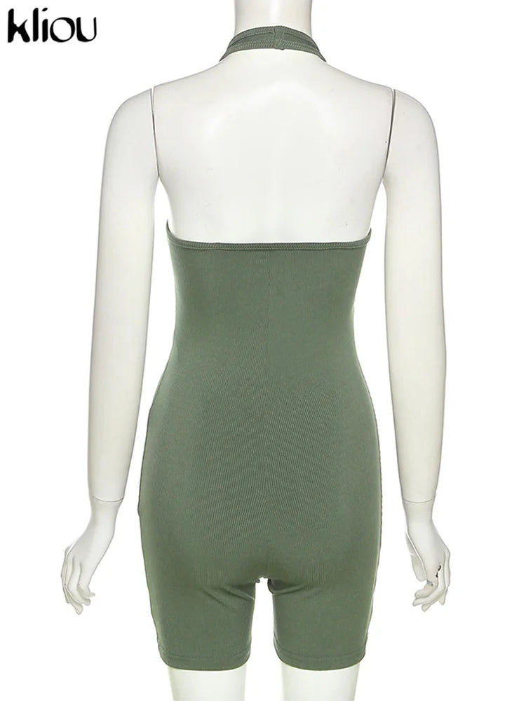 Kliou Striped Sporty Workout Halter Rompers Women Casual Active Wear Backless Sleeveless Playsuit Athleisure Biker Playsuits