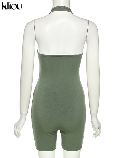 Kliou Striped Sporty Workout Halter Rompers Women Casual Active Wear Backless Sleeveless Playsuit Athleisure Biker Playsuits