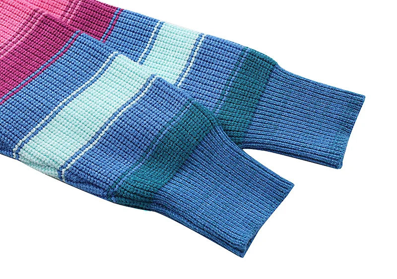 Oversized Sweater Women 2025 Fashion Rainbow Striped Embroidered Letters Knitted Pullovers Loose Casual Streetwear Tops C-119