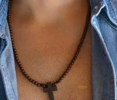 SOMESOOR Natural Wooden Cross Pendant Necklace Bracelet Round Beads Rosary Religious Accessories Jewelry For Men Women Gifts