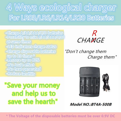 4 way Ecological Charger  with USB input port for  LR03 LR6 disposable Batteries and AA AAA Rechargeable alkaline Batteries