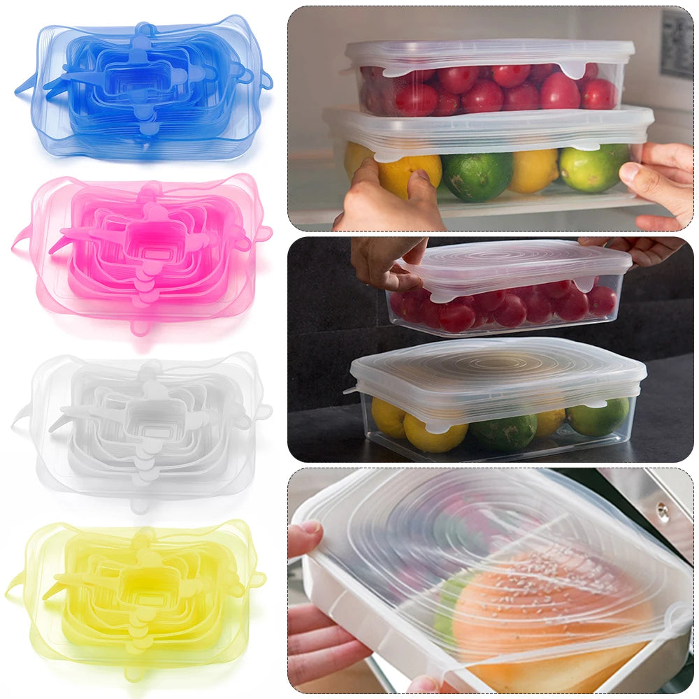 6Pcs Food Grade Silicone Stretch Lids Kitchen Tools Accessories Reusable Food Wrap Sealed Cover Keep Fresh Stretchy Bowl Cover