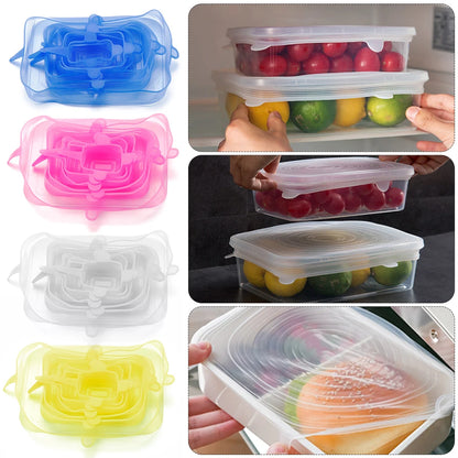 6Pcs Food Grade Silicone Stretch Lids Kitchen Tools Accessories Reusable Food Wrap Sealed Cover Keep Fresh Stretchy Bowl Cover