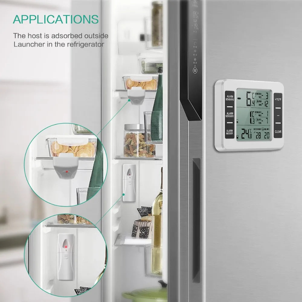 Digital Fridge Thermometer Wireless Freezer Thermometer with Indoor Temperature Monitor 2 Wireless Sensors Refrigerator Therm