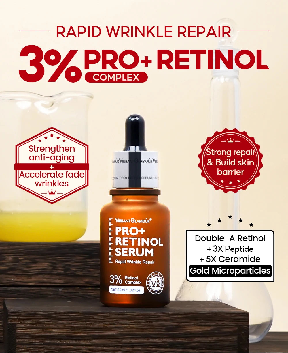 VIBRANT GLAMOUR  PRO+ Retinol Face Serum Upgrade 3% Retinol+3X Peptide+5X Ceramide Repair Skin Firming Collagen Anti-Aging