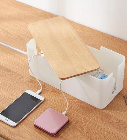 Cable Box With Wooden Cover Power Strip Wire Case Charger Socket Desktop Organizer Line Storage Box Power Board Wire Management