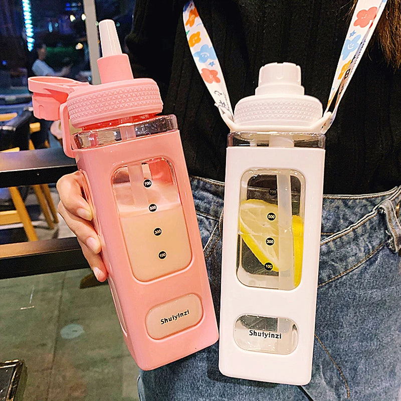700ml Square Plastic Water Bottles Creative Summer Straw Bottle Outdoor Sport Shaker Travel Tea Juice Milk Portable Drink Bottle