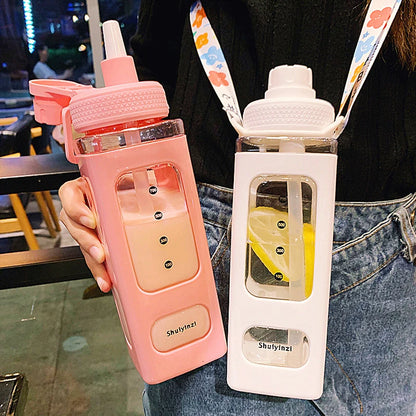 700ml Square Plastic Water Bottles Creative Summer Straw Bottle Outdoor Sport Shaker Travel Tea Juice Milk Portable Drink Bottle