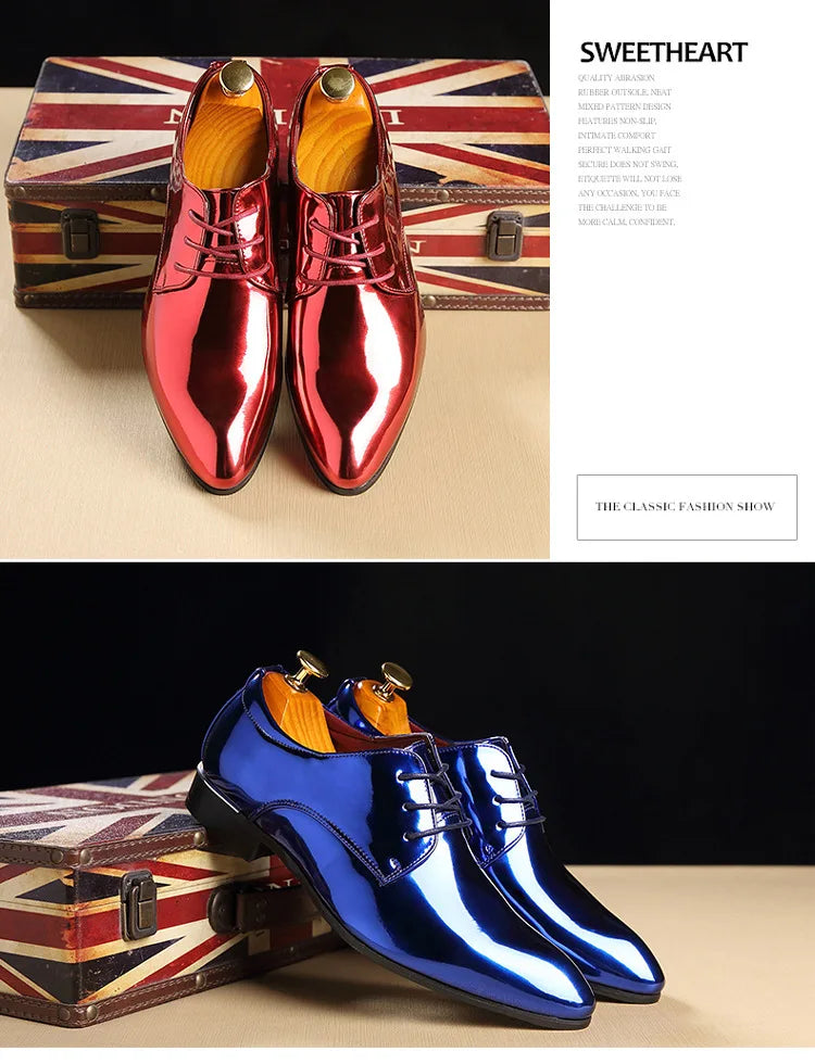 Patent Leather Men Wedding Shoes Gold Blue Red White Oxfords Shoes Designer Pointed Toe Dress Shoes Big Size 37-48