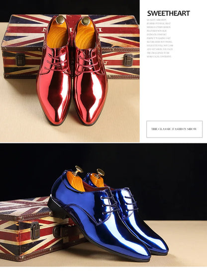 Patent Leather Men Wedding Shoes Gold Blue Red White Oxfords Shoes Designer Pointed Toe Dress Shoes Big Size 37-48