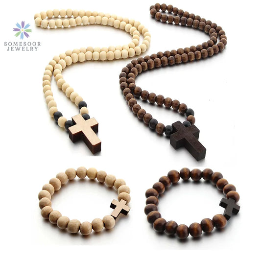 SOMESOOR Natural Wooden Cross Pendant Necklace Bracelet Round Beads Rosary Religious Accessories Jewelry For Men Women Gifts