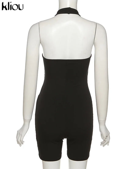 Kliou Striped Sporty Workout Halter Rompers Women Casual Active Wear Backless Sleeveless Playsuit Athleisure Biker Playsuits