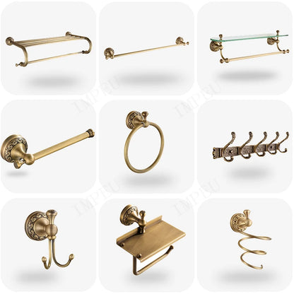Bathroom Accessories Antique Brass Collection, Towel Ring, Paper Holder, Toilet Brush, Coat Hook, Bath Rack, Soap Dish, Faucet