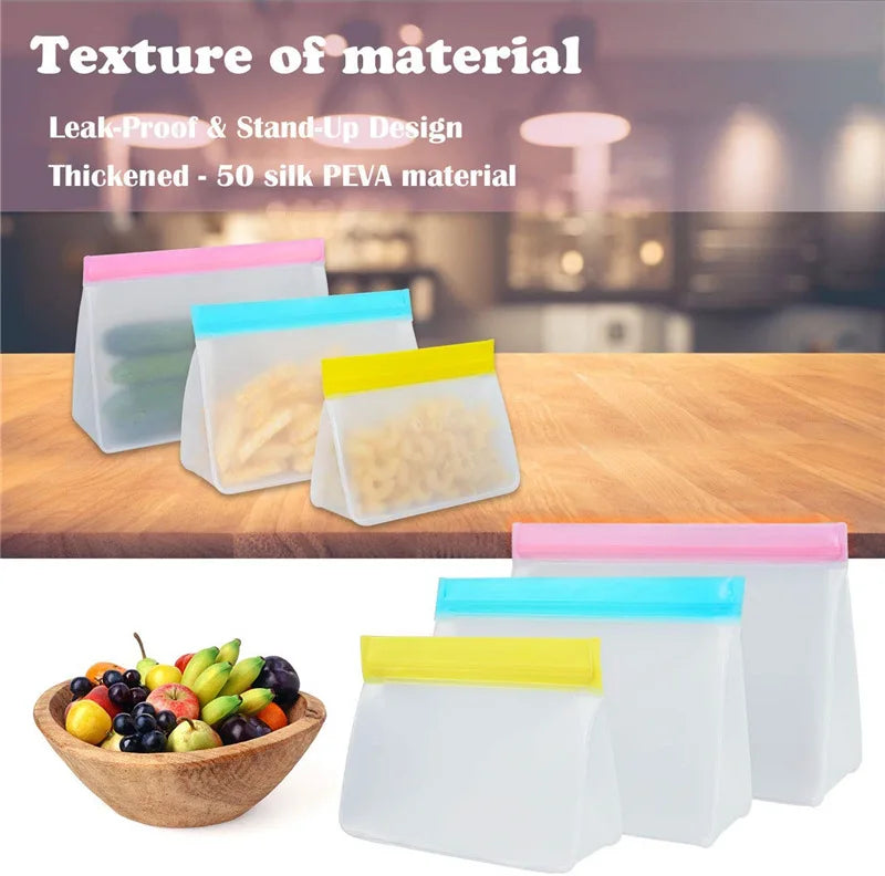 Reusable Food Storage Bag Upgrade Leakproof Top Stand Up Freezer Sandwich Ziplock Bag Silicone PEVA Food Preservation Shut Bag