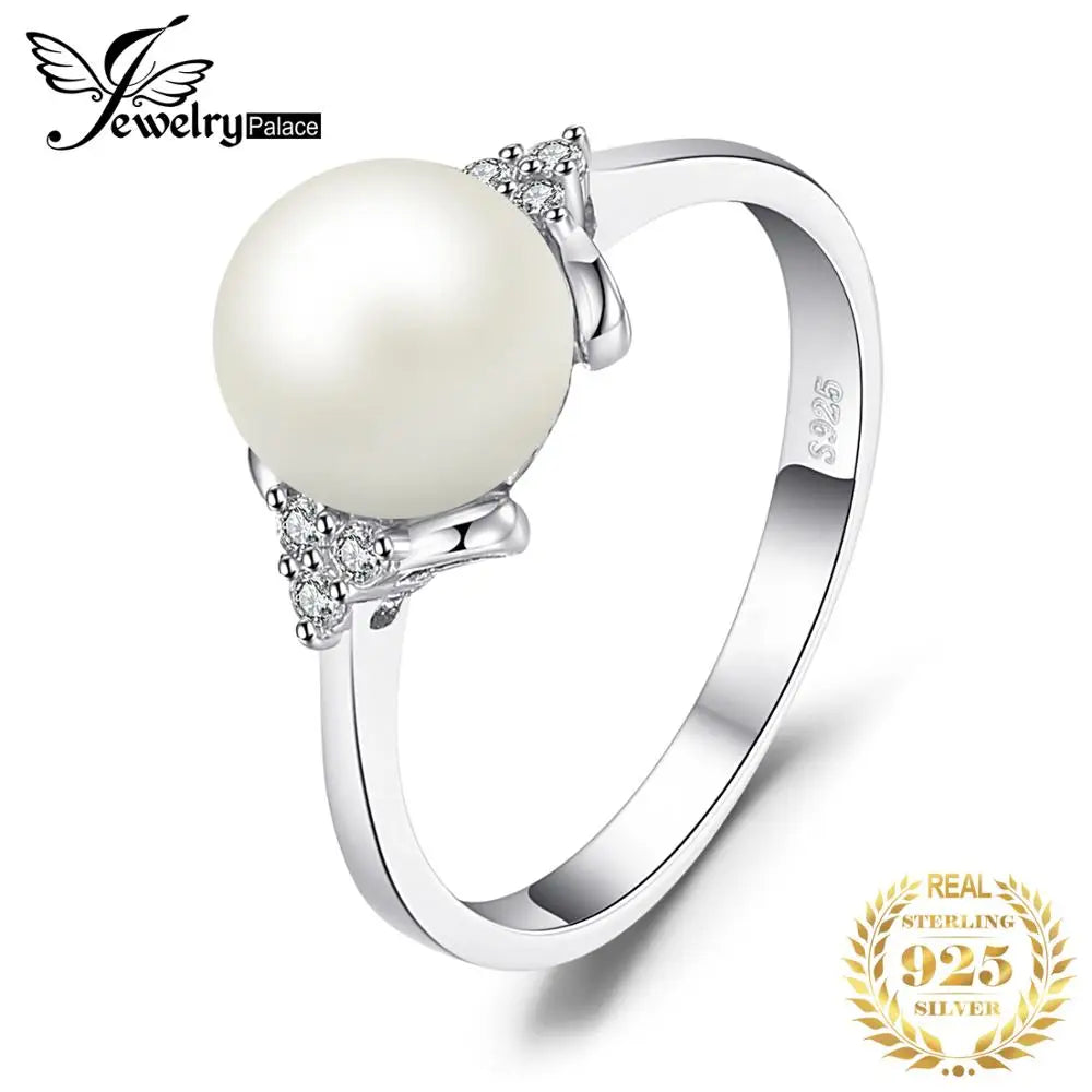 JewelryPalace 8mm Freshwater Cultured Pearl 925 Sterling Silver Rings for Women Engagement Trendy Ring Fashion Gift Fine Jewelry